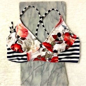 Cupshe Size Medium Bikini Top Floral Striped Corset Tie Back Black Red White
